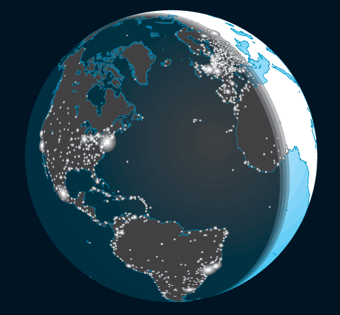 The sun is rising over Russia, Greece, Libya . . . Human population centers broadcast light into space.